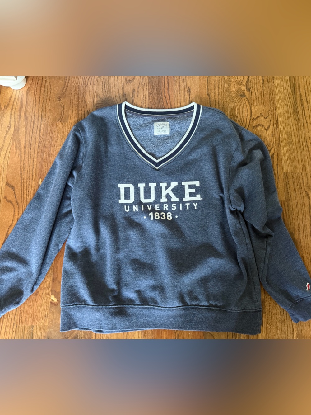 League Navy V-Neck Duke University Sweatshirt with White Trim